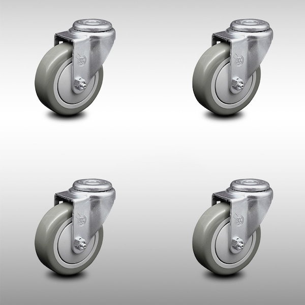 4 Inch SS Gray Polyurethane Wheel Swivel Bolt Hole Caster Set